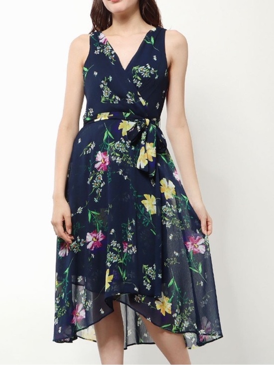 Dkny Dresses & Skirts - DKNY Navy Floral Faux Wrap Midi Chiffon Dress with Tie Waist Sz 10